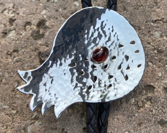 Handmade hammered silver bolo tie, Pomegranate pendant, Rosh Hashana gift, Red bolo tie, Garnet pomegranate, Nature bolo tie, Sterling bolo