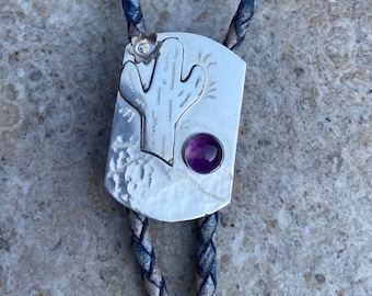 Cactus bolo ,  February gift,  Gemstone purple Amethyst bolo tie,  Sterling silver nature bolo tie,  Western bolo tie,  Handmade bolo tie.