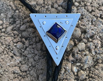 Unique Artisan Triangular Bolo Tie,  Blue Lapis Lazuli gemstone bolo tie, Sterling silver bolo tie for men and women, Metal bolo tie