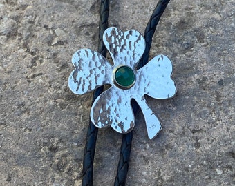 Hand made Sterling Silver and Gemstone Bolo Tie, Lucky four leaf clover, Floral Bolo Tie, Shamrock pendant, Green bolo tie, Nature bolo tie