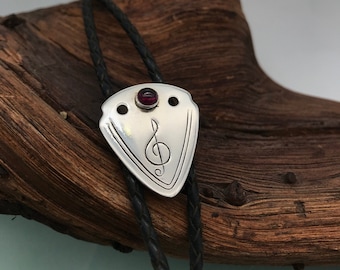 Silver Bolo Tie, Silver guitar pick pendant, Red bolo tie, Music bolo tie,  Rocker bolo tie,  Gemstone bolo tie, Sterling silver bolo tie ,