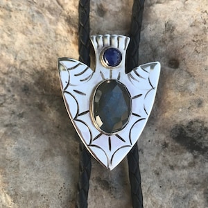 Artisan Sterling Silver Arrowhead Bolo Tie, Iridescent natural Labradorite and gemstone bolo tie, Silver and gemstone arrowhead pendant