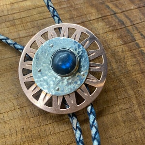Artisan large Copper Bolo tie, Sterling silver & gemstone bolo tie,  Labradorite bolo tie,  Handmade blue bolo tie,  Unique Metal bolo tie