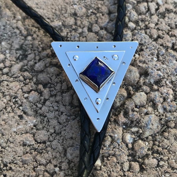 Unique Artisan Triangular Bolo Tie,  Blue Lapis Lazuli gemstone bolo tie, Sterling silver bolo tie for men and women, Metal bolo tie