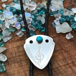 Turquoise Bolo Tie, Silver guitar pick pendant, Music bolo tie, Blue bolo tie, Silver bolo tie, Rocker bolo tie,  Bolo tie for men and women