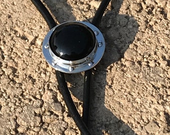 Sterling silver round natural Onyx bolo tie, Onyx gifts for men, Riveted jewelry,Black bolo tie for men,Gemstone bolo tie,Sterling bolo tips