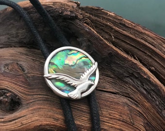 Sterling silver bird and Abalone shell bolo tie, Flying bird necklace, Nature bolo tie, Abalone shell gift, Artisan silver bolo tie