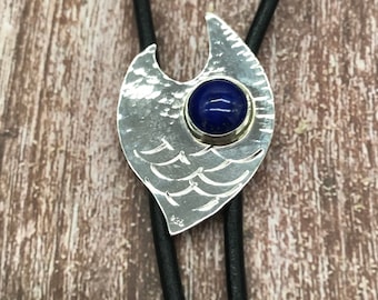 Lucky fish bolo tie, Sterling silver Lapis Lazuli pendant, Silver fish necklace, Lapis bolo tie,Hammered silver pendant gifts,Fish bolo tie