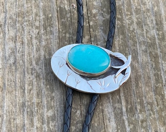 Sterling silver Mountain Bolo Tie, Flying bird bolo tie, Amazonite natural gemstone bolo tie, Blue bolo tie, Silver bird bolo, Nature bolo