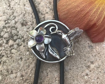 Artisan Sterling Silver Hummingbird Bolo Tie Pendant with a Natural Amethyst , Hummingbird birthstone necklace, Hummingbird gifts, Bird bolo