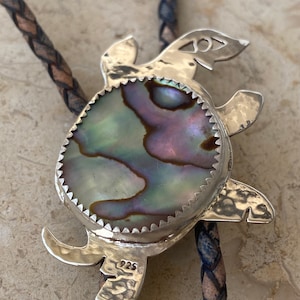 Handcrafted silver animal bolo tie, Sea turtle necklace, Abalone shell pendant silver, Dancing turtle,Abalone gift, Sterling silver bolo tie