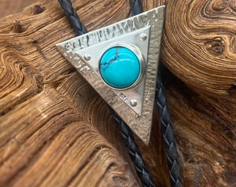 Unique Triangular Bolo Tie, Natural Turquoise gemstone bolo tie, Sterling silver bolo tie for men / women, Metal bolo tie ,Handmade bolo tie