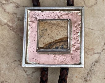 Picture in a Picture Metal Bolo Tie, Square bolo tie, Picture Jasper natural gemstone bolo, Mountain bolo tie, Minimalistic copper bolo tie