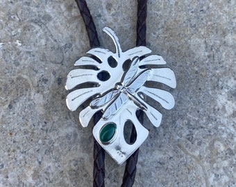 Sterling silver leaf bolo tie, Nature bolo tie, Gemstone bolo tie, Insect bolo tie, Monstera leaf necklace, Green bolo tie, Dragonfly Bolo