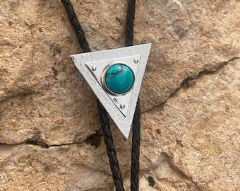 Unique Triangular Bolo Tie, Natural Turquoise gemstone bolo tie, Sterling silver bolo tie for men / women, Metal bolo tie ,Handmade bolo tie