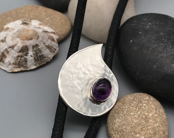 Curvy Silver & Amethyst water droplet necklace, Gemstone Bolo Tie, February Gifts,Valentine gift,Sterling silver bolo tie,Amethyst Teardrop