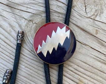 Round Bolo tie, Rocker bolo tie, Grateful Dead lightning bolt necklace,Copper bolo tie, Grateful Dead jewelry,Metal bolo tie, Resin bolo tie