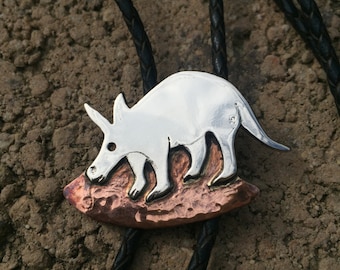 Artisan Sterling silver animal Bolo Tie, Aardvark jewelry, Copper bolo tie, Anteater, Mixed metal bolo tie, Silver bolo tie for men & women