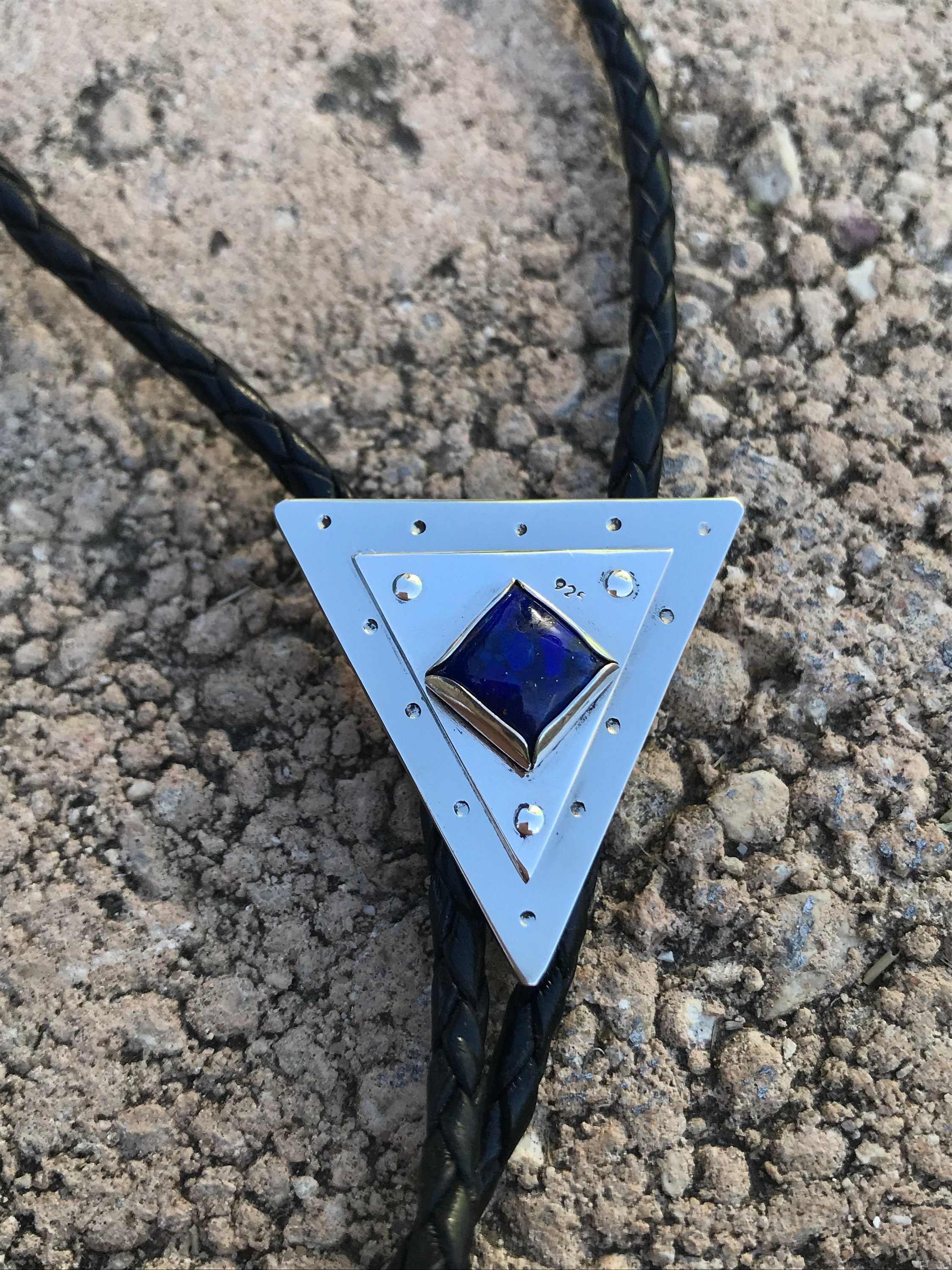 Unique Artisan Triangular Bolo Tie,  Blue Lapis Lazuli gemstone bolo tie, Sterling silver bolo tie for men and women, Metal bolo tie