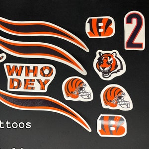 Tatouages éphémères des Bengals de Cincinnati | Quart-arrière de football | Joe Burrow | T-shirt Higgins | Zac Moss | Sam Hubbard | Jour du match | Champion de l&#39;AFC