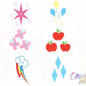 Cutie Mark von jedem der Mane Six - Twilight Sparkle, Pinkie Pie, Fluttershy, Applejack, Rainbow Dash, & Rarity von My Little Pony (MLP)