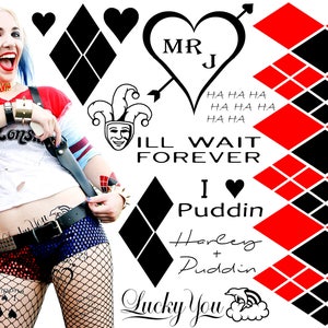May include: A woman dressed as Harley Quinn with red and black diamond patterns, a jester's hat, and the text "MR J" in a heart. The text "ILL WAIT FOREVER I PUDDIN Harley + Puddin Lucky You" is also visible.