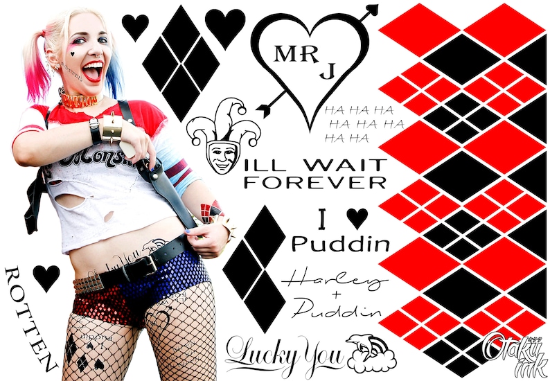 May include: A woman dressed as Harley Quinn with red and black diamond patterns, a jester's hat, and the text "MR J" in a heart. The text "ILL WAIT FOREVER I PUDDIN Harley + Puddin Lucky You" is also visible.