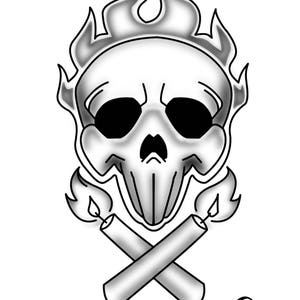 Peut inclure: Illustration en noir et blanc d'un crâne avec des flammes sur le dessus et deux bougies croisées en dessous. Le texte "Otaky Ink" est dans le coin inférieur droit.
