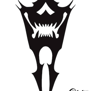 May include: Black and white illustration of a stylized, sharp, and jagged design with a mouth-like shape in the center. The design is reminiscent of a monster or a creature. The text "Otaky Ink" is written in a stylized font at the bottom of the image.