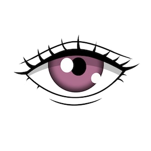 May include: A close-up of a cartoon eye with a pink iris and a black pupil. The eye is surrounded by a black line and eyelashes.