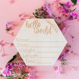 Birth Announcement Hello World Wood Sign Newborn Name Sign Timber Milestone Cards Photo Prop Wooden milestone card Birth Stats image 1