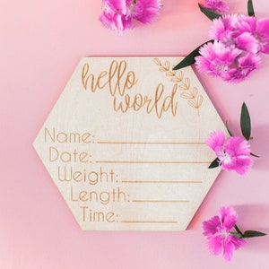 Birth Announcement Hello World Wood Sign Newborn Name Sign Timber Milestone Cards Photo Prop Wooden milestone card Birth Stats image 3