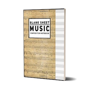 以下が含まれることがあります： 表紙に「BLANK SHEET MUSIC COMPOSITION NOTEBOOK」という文字が書かれた、茶色と白の作曲ノート。表紙はヴィンテージの楽譜の背景になっています。