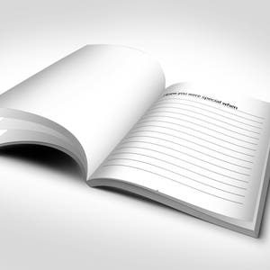 May include: An open notebook with blank, lined pages. The top page has the text "I knew you were special when". The notebook is white with a soft shadow, suggesting a clean and simple design, perfect for journaling or note-taking.