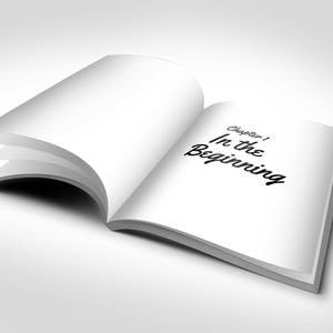 May include: An open book with white pages, angled slightly to the left. The text "Chapter 1 In the Beginning" is printed in black script on the right page. The book is set against a white background.