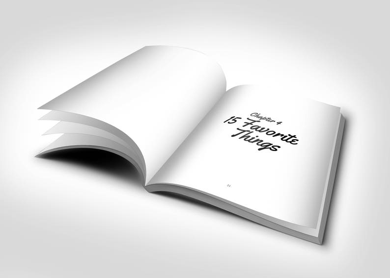 May include: An open book with white pages, displaying the text "Chapter 4 15 Favorite Things" in black script. The book is angled, with several pages turned, set against a white background.
