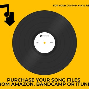 Puede incluir: Un disco de vinilo negro con una etiqueta blanca que dice "PERFECT BLEND" y "SIDE A" con un punto amarillo en el centro. El texto "FOR YOUR CUSTOM VINYL RECORD" está en la parte superior de la imagen. El texto "PURCHASE YOUR SONG FILES FROM AMAZON, BANDCAMP OR ITUNES" está en la parte inferior de la imagen.