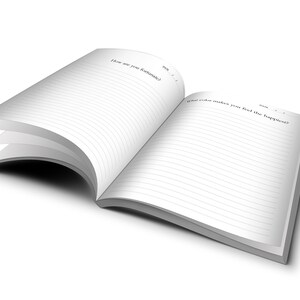 May include: An open journal with lined pages. The left page has the text "How are you feeling?" and the right page has the text "What makes you feel the happiest?"
