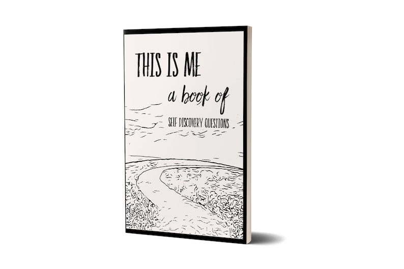 May include: Black and white illustration of a winding road leading to a hilltop with the text "This is Me a book of Self Discovery Questions" on a white background.