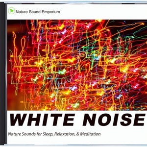 May include: A CD case with a white background and the text "WHITE NOISE" in black bold letters. The text "Nature Sounds for Sleep, Relaxation, & Meditation" is below the title. The background image is a colorful abstract design of blurred light trails.