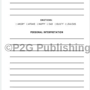 May include: A white journal page with the text "LIST ANY SYMBOLS, OBJECTS, COLOURS" and "EMOTIONS: ANGRY, AFRAID, HAPPY, SAD, GUILTY, JEALOUS". Below is "PERSONAL INTERPRETATION". The journal is from P2G Publishing.