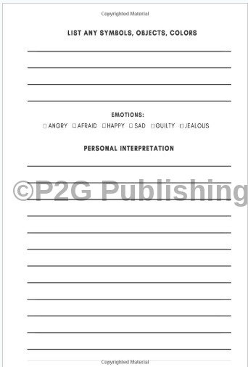 May include: A white journal page with the text "LIST ANY SYMBOLS, OBJECTS, COLOURS" and "EMOTIONS: ANGRY, AFRAID, HAPPY, SAD, GUILTY, JEALOUS". Below is "PERSONAL INTERPRETATION". The journal is from P2G Publishing.