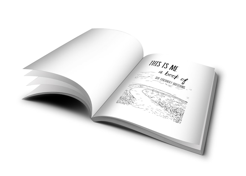 May include: An open book with a black and white illustration of a winding road. The text on the page reads "This is me a book of self discovery questions".