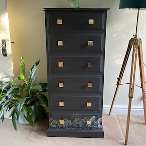 SOLD SOLD SOLD **Hand Painted Dark Grey Tropical Tall Boy Drawers