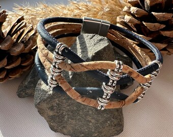 Natural Cork 'Leather' Crossover Bracelet - Navy / Natural