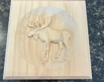 Moose 3 Engraved Wood Block Custom Hardwood Rosette Decorative Trim Accent