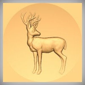 May include: A brown deer with large antlers standing on a light brown background.