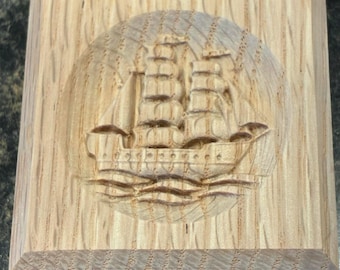 Pirate Ship Engraved Wood Block Custom Hardwood Rosette Decorative Trim Accent