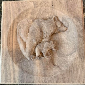 Engraved Wood Corner Trim Block: Bear and Cub Wildlife Rosette
