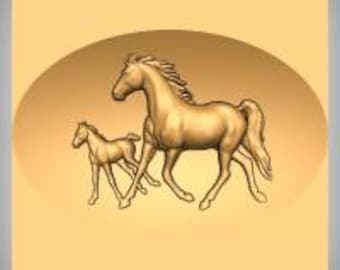 Mare & Foal Engraved Wood Block Custom Hardwood Rosette Decorative Trim Accent